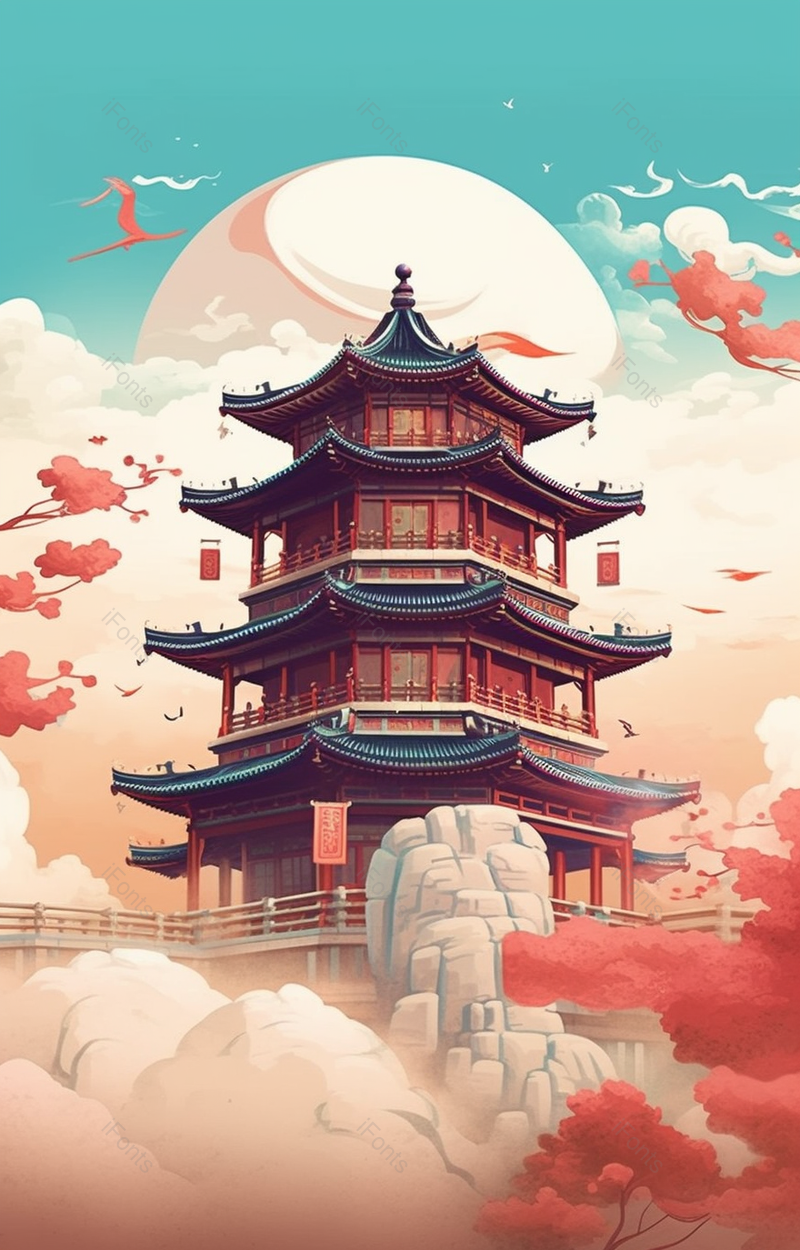 云巅气势磅礴的古建筑国潮中国风建筑插画背景,插画/手绘图,插画/手绘图库,插画/手绘图下载,插画/手绘